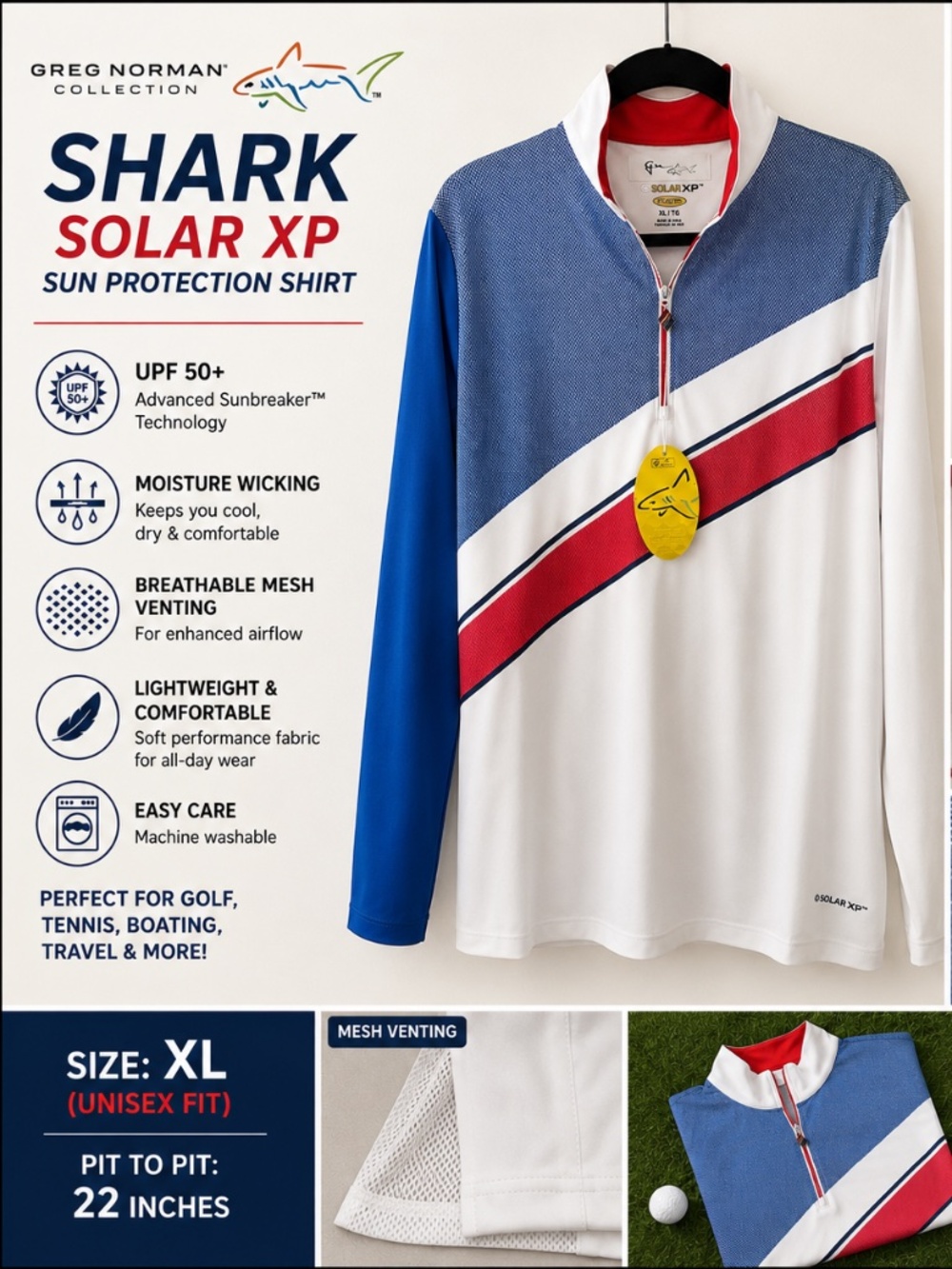 Greg Norman Shark Solar XP UPF 50+ Golf Pullover XL | Unisex Sun Protection Shir